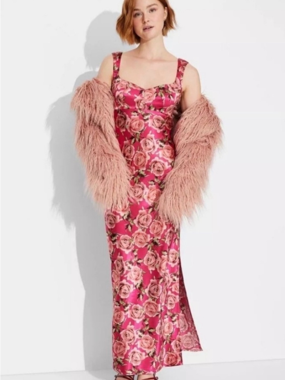 Wild Fable Floral Satin Maxi Dress in Red with Rose Print. SZ. L. NWT